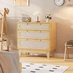Natural Rattan Dresser, 3 Drawer Dresser Rattan Nightstand Small Boho Cabinet,Handles and Wooden Legs,Bed Side Table