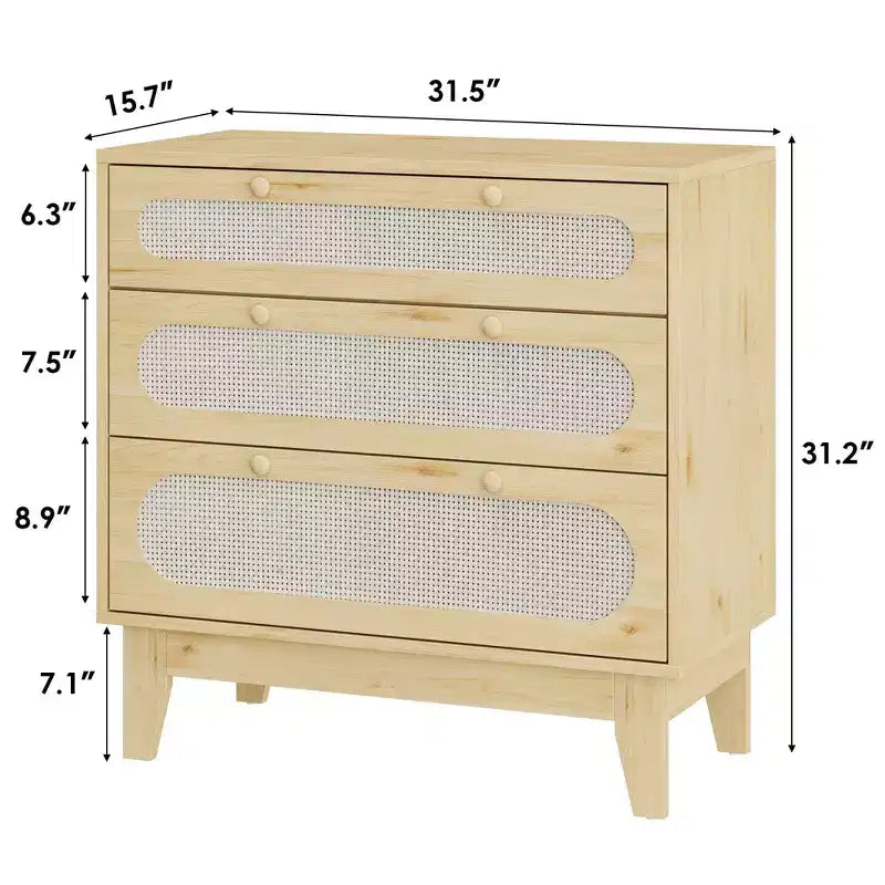 Commode en rotin naturel, commode à 3 tiroirs, table de chevet en rotin, petite armoire bohème, poignées et pieds en bois, table de chevet