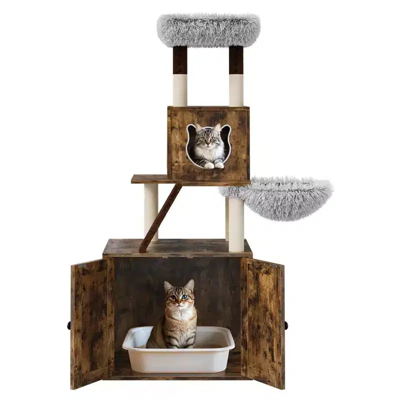 Arbre à chat avec abri litière, meuble pour chat multi-niveaux 2 en 1 avec hamac et poteaux à griffer