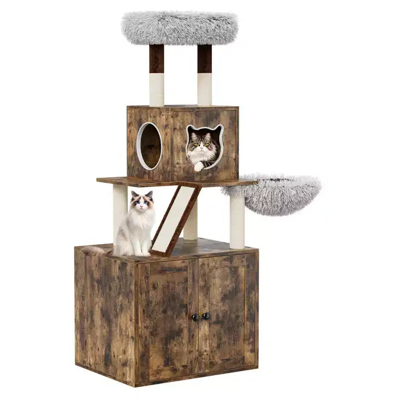 Arbre à chat avec abri litière, meuble pour chat multi-niveaux 2 en 1 avec hamac et poteaux à griffer