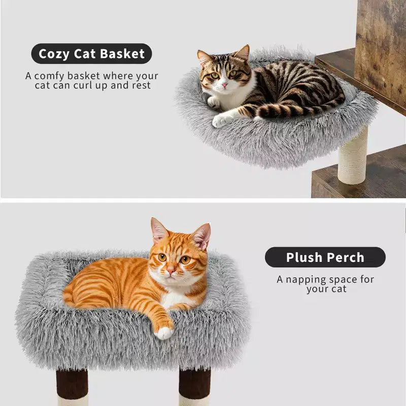 Arbre à chat avec abri litière, meuble pour chat multi-niveaux 2 en 1 avec hamac et poteaux à griffer
