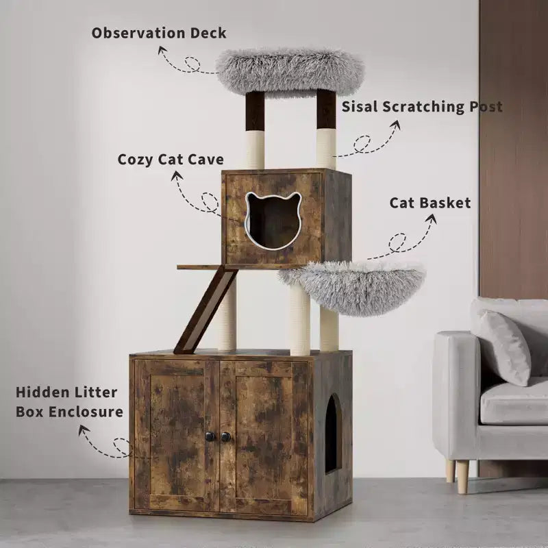 Arbre à chat avec abri litière, meuble pour chat multi-niveaux 2 en 1 avec hamac et poteaux à griffer