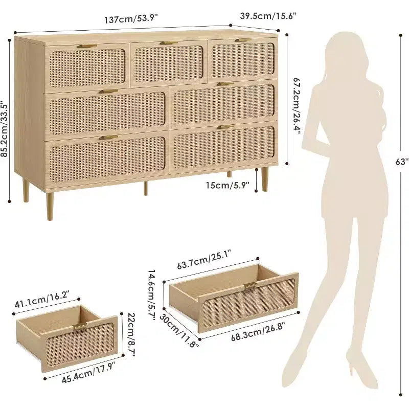 Commode 7 tiroirs en rotin, grande commode en bois avec plateau large et rangement profond pour chambre à coucher, salon, couloir, noire