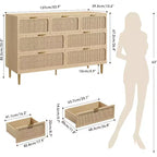 Commode 7 tiroirs en rotin, grande commode en bois avec plateau large et rangement profond pour chambre à coucher, salon, couloir, noire