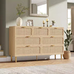 Commode 7 tiroirs en rotin, grande commode en bois avec plateau large et rangement profond pour chambre à coucher, salon, couloir, noire