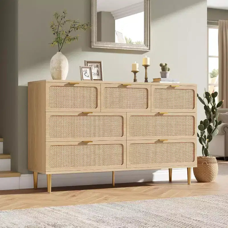 Commode 7 tiroirs en rotin, grande commode en bois avec plateau large et rangement profond pour chambre à coucher, salon, couloir, noire