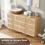 Commode 7 tiroirs en rotin, grande commode en bois avec plateau large et rangement profond pour chambre à coucher, salon, couloir, noire