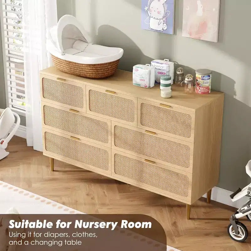 Commode 7 tiroirs en rotin, grande commode en bois avec plateau large et rangement profond pour chambre à coucher, salon, couloir, noire
