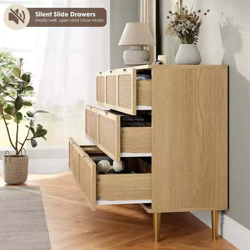 Commode 7 tiroirs en rotin, grande commode en bois avec plateau large et rangement profond pour chambre à coucher, salon, couloir, noire