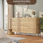 Commode 7 tiroirs en rotin, grande commode en bois avec plateau large et rangement profond pour chambre à coucher, salon, couloir, noire