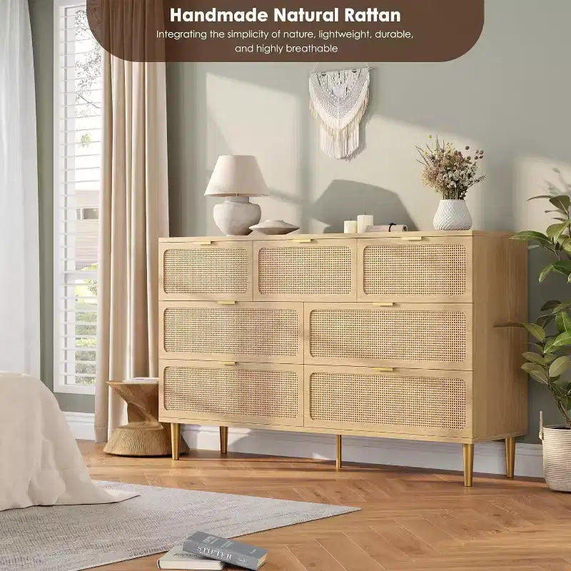 Commode 7 tiroirs en rotin, grande commode en bois avec plateau large et rangement profond pour chambre à coucher, salon, couloir, noire