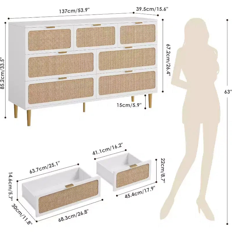 Commode 7 tiroirs en rotin, grande commode en bois avec plateau large et rangement profond pour chambre à coucher, salon, couloir, noire