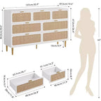Commode 7 tiroirs en rotin, grande commode en bois avec plateau large et rangement profond pour chambre à coucher, salon, couloir, noire