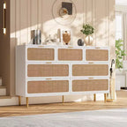 Commode 7 tiroirs en rotin, grande commode en bois avec plateau large et rangement profond pour chambre à coucher, salon, couloir, noire