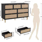 Commode 7 tiroirs en rotin, grande commode en bois avec plateau large et rangement profond pour chambre à coucher, salon, couloir, noire
