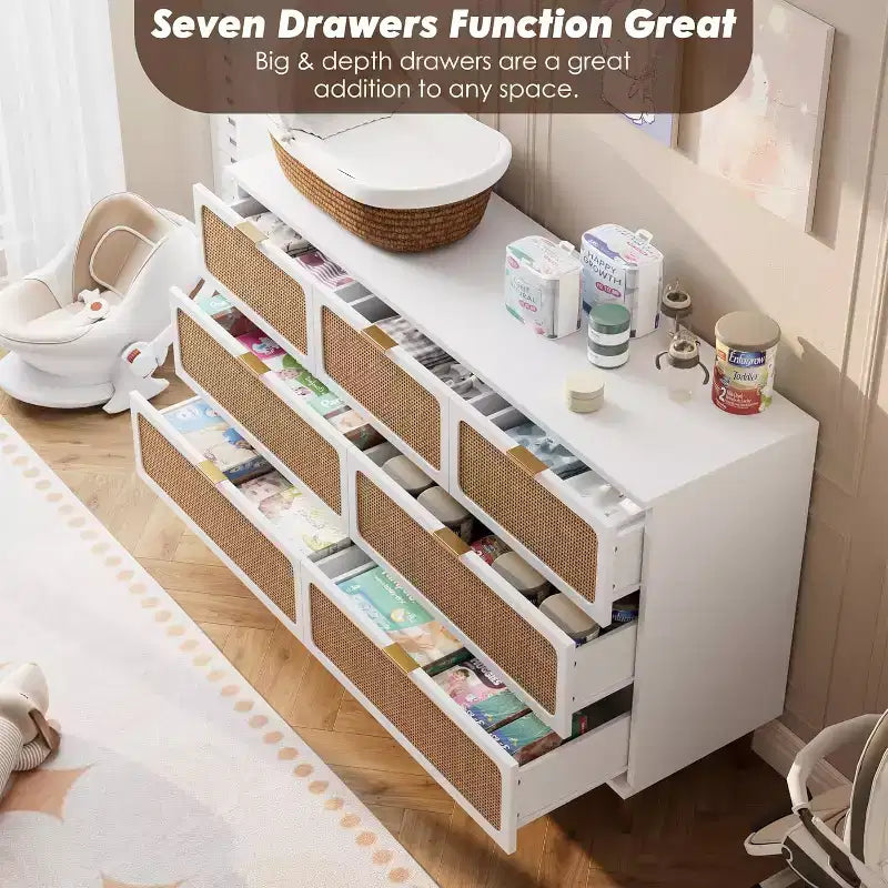 Commode 7 tiroirs en rotin, grande commode en bois avec plateau large et rangement profond pour chambre à coucher, salon, couloir, noire