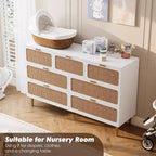 Commode 7 tiroirs en rotin, grande commode en bois avec plateau large et rangement profond pour chambre à coucher, salon, couloir, noire