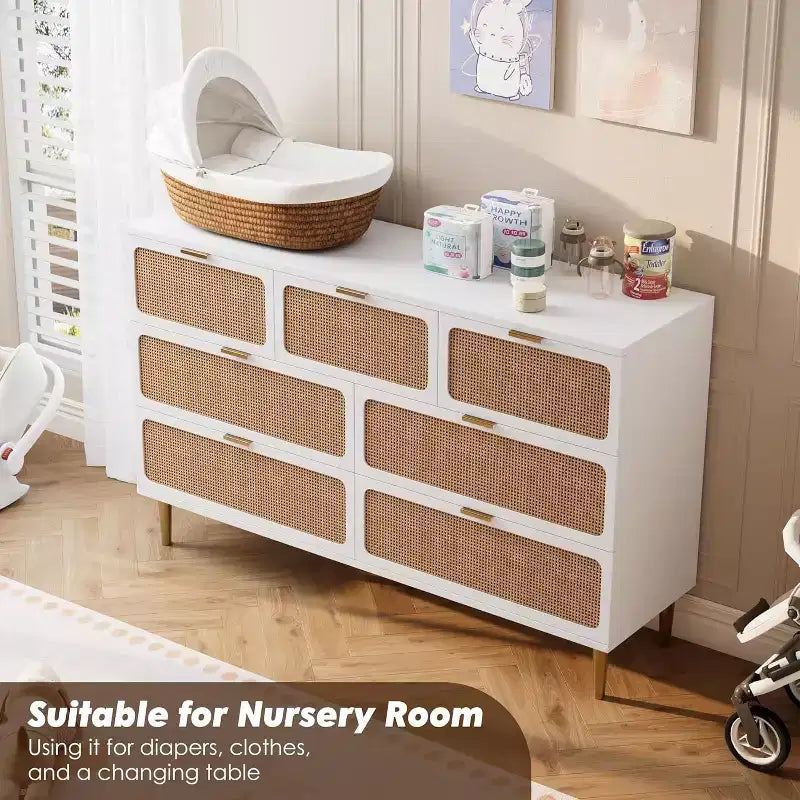 Commode 7 tiroirs en rotin, grande commode en bois avec plateau large et rangement profond pour chambre à coucher, salon, couloir, noire
