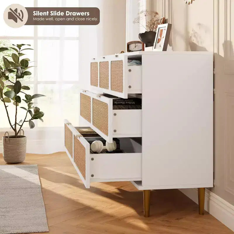Commode 7 tiroirs en rotin, grande commode en bois avec plateau large et rangement profond pour chambre à coucher, salon, couloir, noire