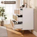 Commode 7 tiroirs en rotin, grande commode en bois avec plateau large et rangement profond pour chambre à coucher, salon, couloir, noire