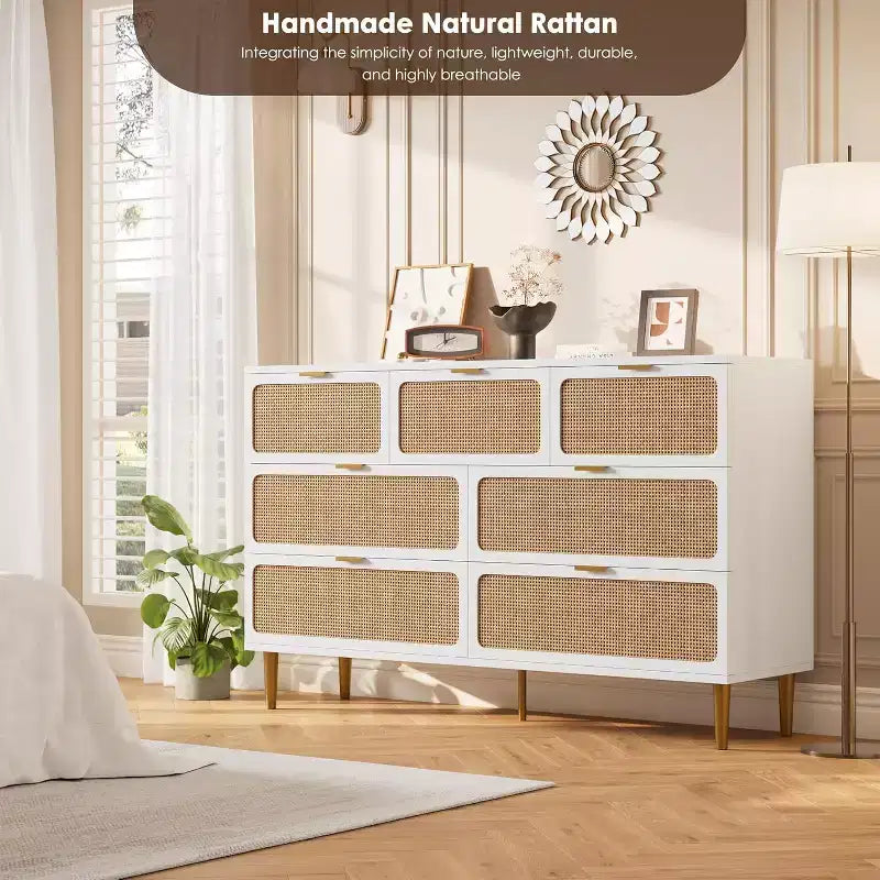 Commode 7 tiroirs en rotin, grande commode en bois avec plateau large et rangement profond pour chambre à coucher, salon, couloir, noire