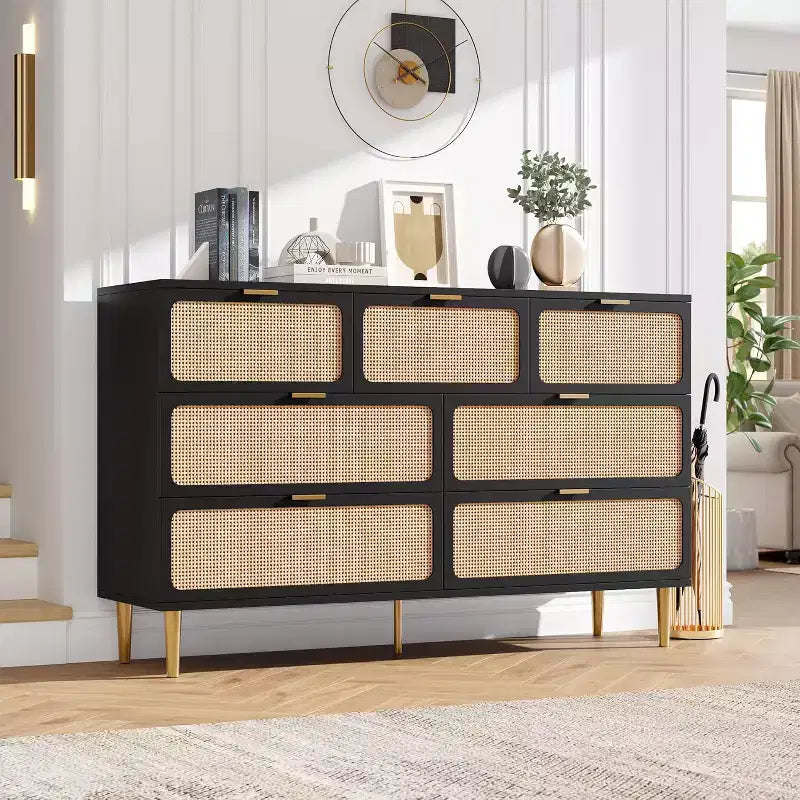 Commode 7 tiroirs en rotin, grande commode en bois avec plateau large et rangement profond pour chambre à coucher, salon, couloir, noire
