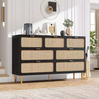 Commode 7 tiroirs en rotin, grande commode en bois avec plateau large et rangement profond pour chambre à coucher, salon, couloir, noire
