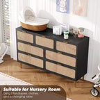 Commode 7 tiroirs en rotin, grande commode en bois avec plateau large et rangement profond pour chambre à coucher, salon, couloir, noire