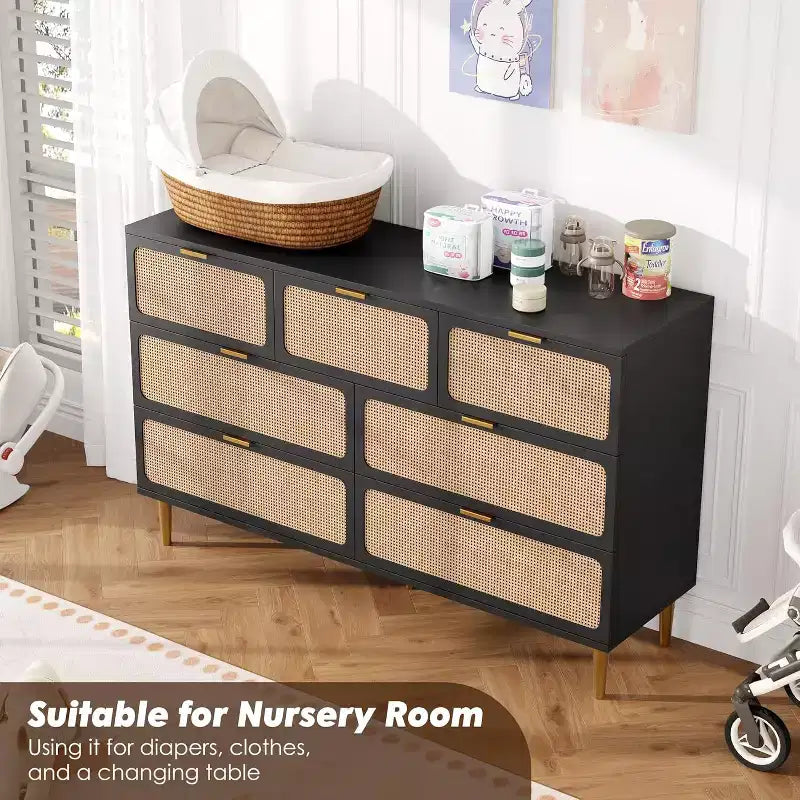 Commode 7 tiroirs en rotin, grande commode en bois avec plateau large et rangement profond pour chambre à coucher, salon, couloir, noire