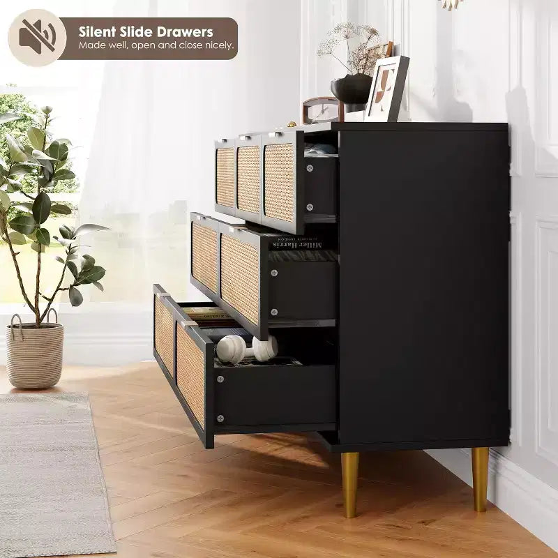 Commode 7 tiroirs en rotin, grande commode en bois avec plateau large et rangement profond pour chambre à coucher, salon, couloir, noire