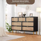 Commode 7 tiroirs en rotin, grande commode en bois avec plateau large et rangement profond pour chambre à coucher, salon, couloir, noire