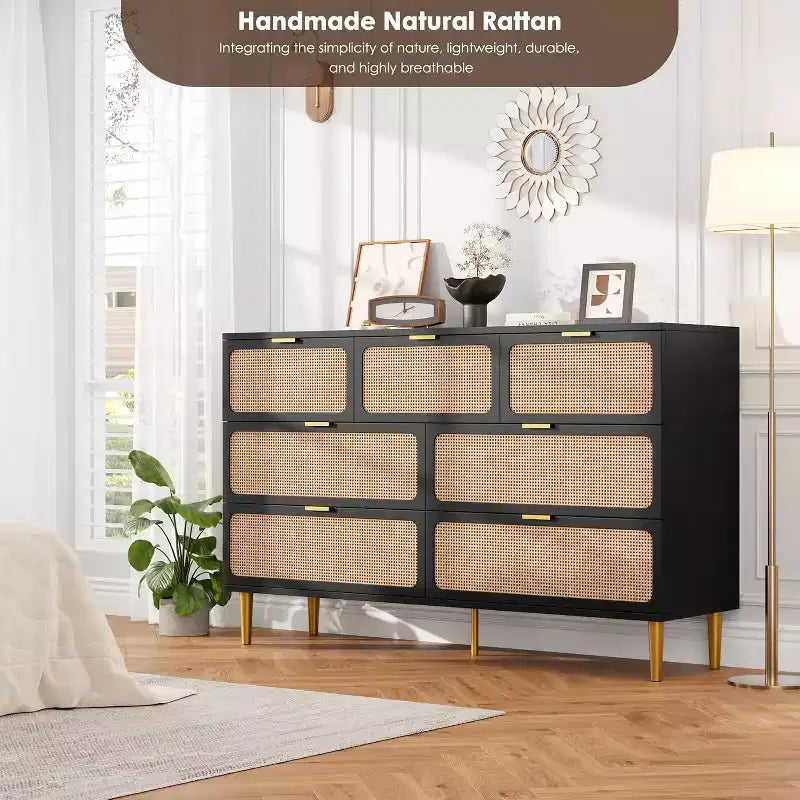 Commode 7 tiroirs en rotin, grande commode en bois avec plateau large et rangement profond pour chambre à coucher, salon, couloir, noire