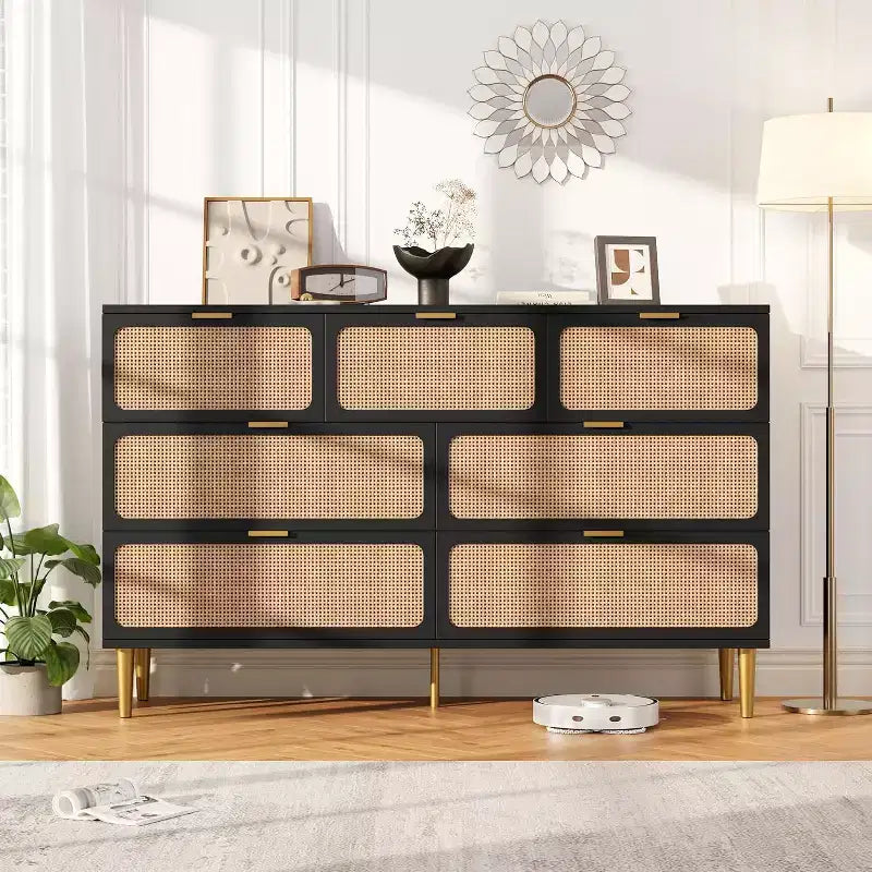 7-Drawer Rattan Dresser, Tall Wood Chest with Wide Top and Deep Storage for Bedroom, Living Room, Hallway, Black