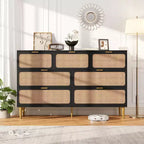 7-Drawer Rattan Dresser, Tall Wood Chest with Wide Top and Deep Storage for Bedroom, Living Room, Hallway, Black
