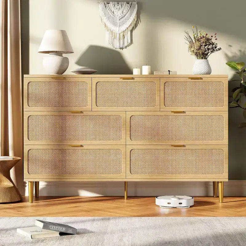 Commode 7 tiroirs en rotin, grande commode en bois avec plateau large et rangement profond pour chambre à coucher, salon, couloir, noire
