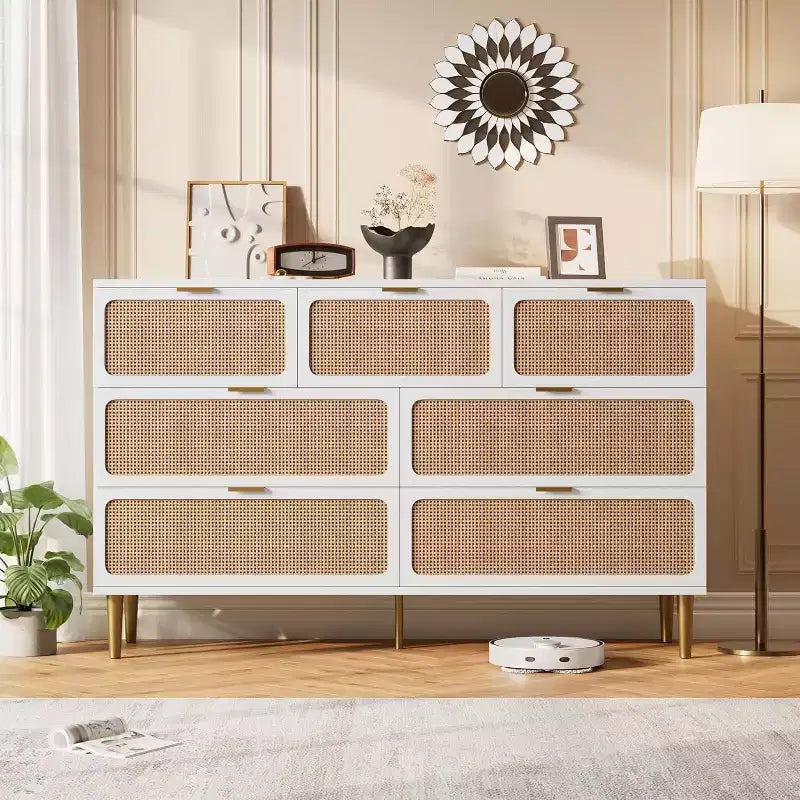 Commode 7 tiroirs en rotin, grande commode en bois avec plateau large et rangement profond pour chambre à coucher, salon, couloir, noire