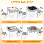 JOYMOR Ensemble table et chaises d'activités 4-en-1 pour enfants avec plateau de blocs de construction, tableau noir et tableau blanc, gris
