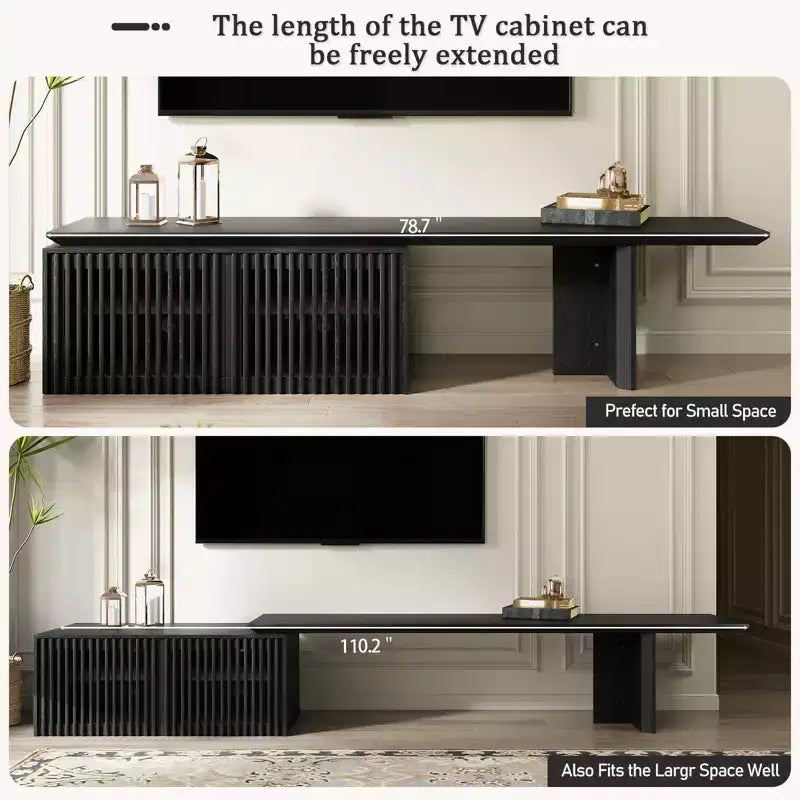 JVNOXK 78.7-110 Meuble TV extensible pour téléviseurs de 55 pouces et plus, meuble TV moderne, centre de divertissement avec rangement