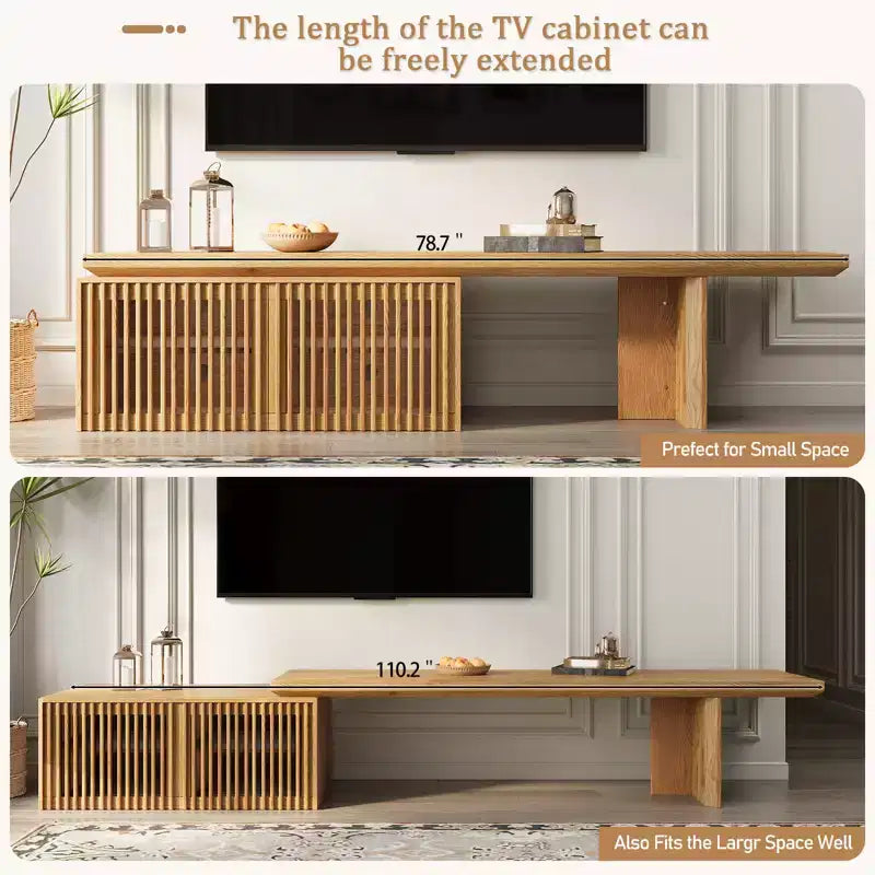 JVNOXK 78.7-110 Meuble TV extensible pour téléviseurs de 55 pouces et plus, meuble TV moderne, centre de divertissement avec rangement