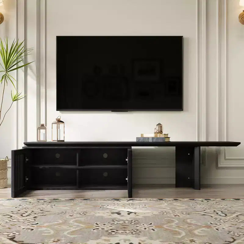 JVNOXK 78.7-110 Meuble TV extensible pour téléviseurs de 55 pouces et plus, meuble TV moderne, centre de divertissement avec rangement