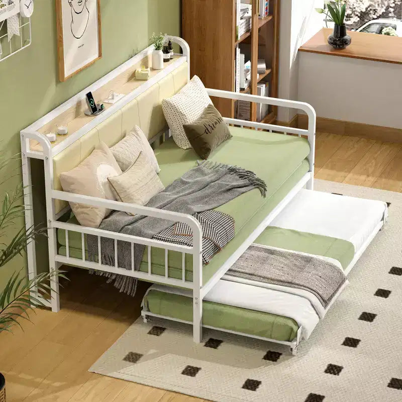 Lit de repos VECELO avec lit gigogne, cadre de lit avec tête de lit de rangement et station de charge, lit de repos-canapé avec support solide pour salon ou chambre à coucher