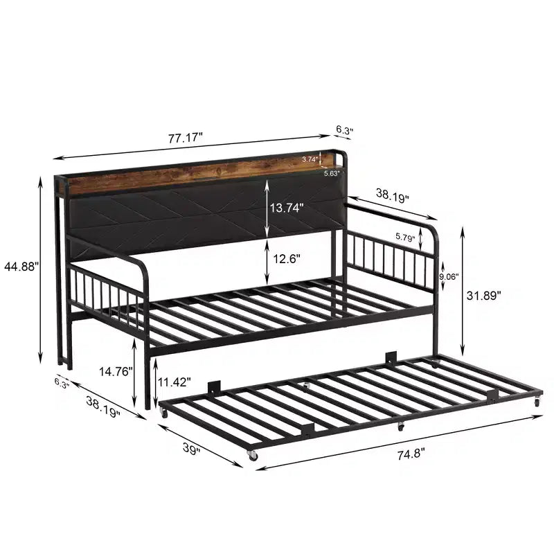 Lit de repos VECELO avec lit gigogne, cadre de lit avec tête de lit de rangement et station de charge, lit de repos-canapé avec support solide pour salon ou chambre à coucher