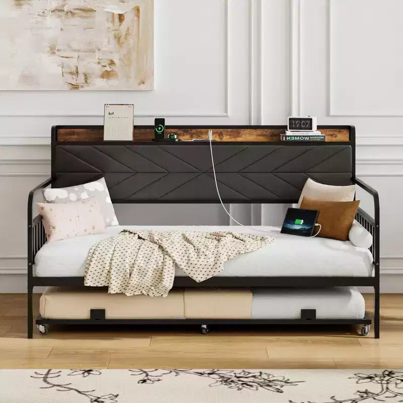 Lit de repos VECELO avec lit gigogne, cadre de lit avec tête de lit de rangement et station de charge, lit de repos-canapé avec support solide pour salon ou chambre à coucher