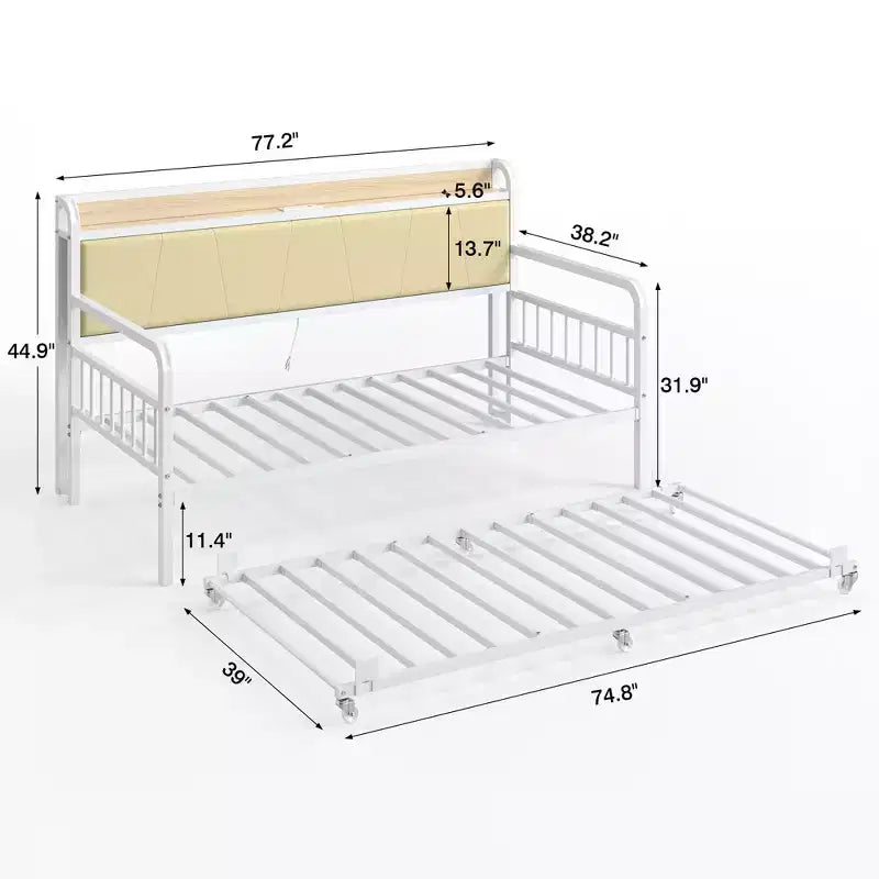 Lit de repos VECELO avec lit gigogne, cadre de lit avec tête de lit de rangement et station de charge, lit de repos-canapé avec support solide pour salon ou chambre à coucher