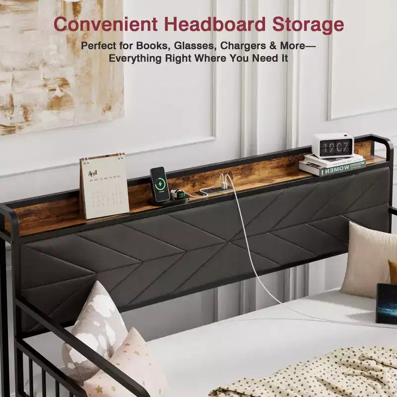 Lit de repos VECELO avec lit gigogne, cadre de lit avec tête de lit de rangement et station de charge, lit de repos-canapé avec support solide pour salon ou chambre à coucher