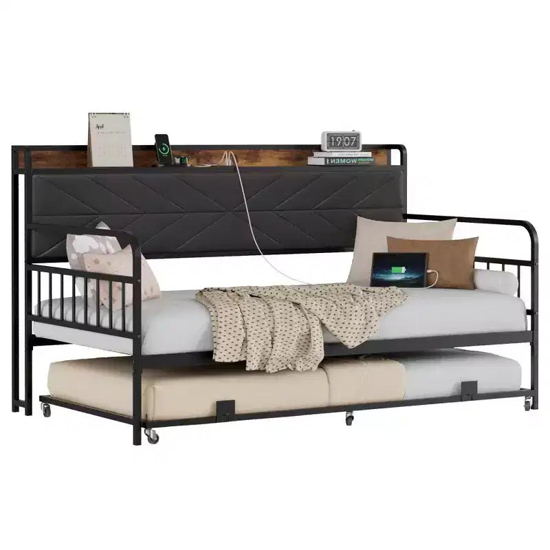Lit de repos VECELO avec lit gigogne, cadre de lit avec tête de lit de rangement et station de charge, lit de repos-canapé avec support solide pour salon ou chambre à coucher