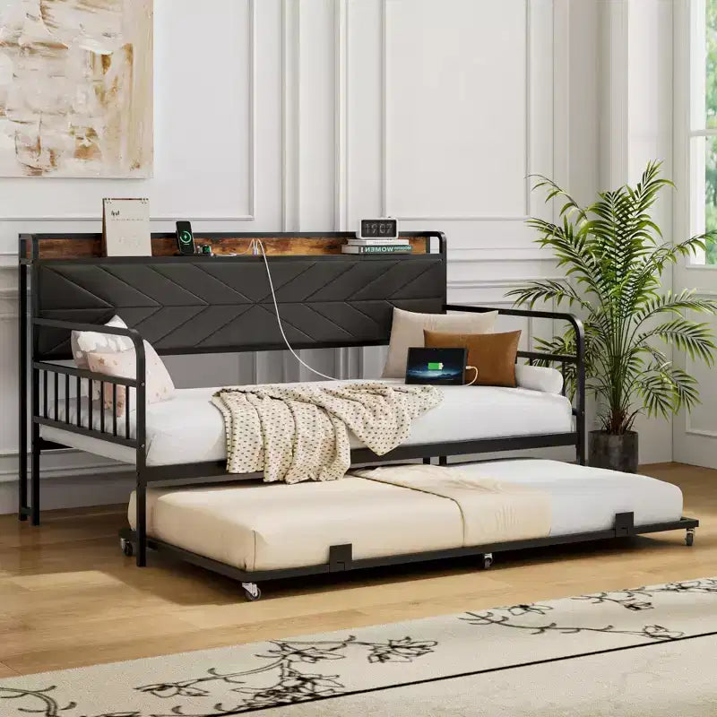 Lit de repos VECELO avec lit gigogne, cadre de lit avec tête de lit de rangement et station de charge, lit de repos-canapé avec support solide pour salon ou chambre à coucher