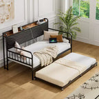 Lit de repos VECELO avec lit gigogne, cadre de lit avec tête de lit de rangement et station de charge, lit de repos-canapé avec support solide pour salon ou chambre à coucher