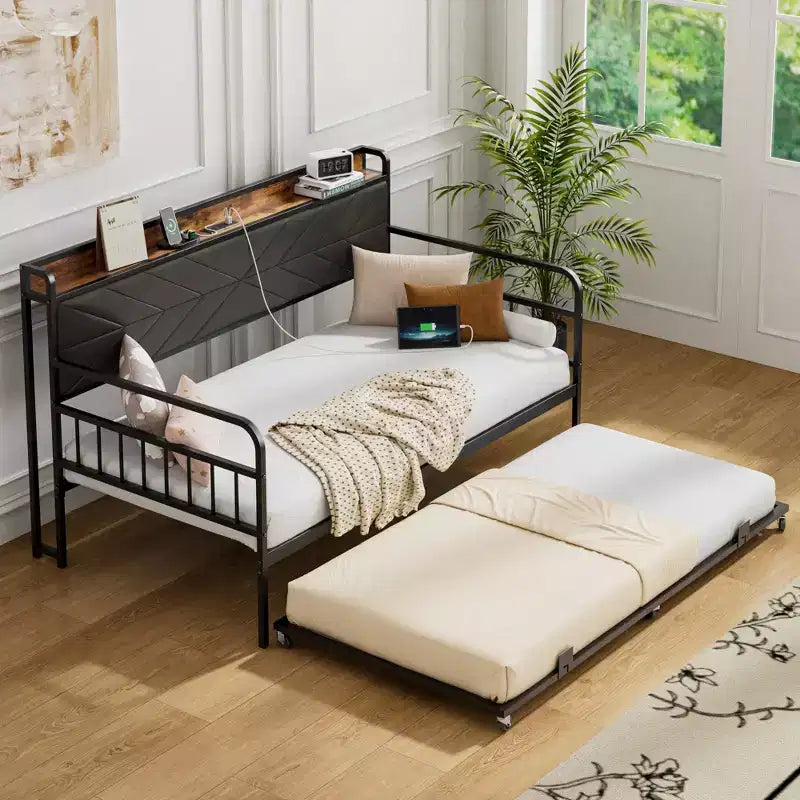 Lit de repos VECELO avec lit gigogne, cadre de lit avec tête de lit de rangement et station de charge, lit de repos-canapé avec support solide pour salon ou chambre à coucher
