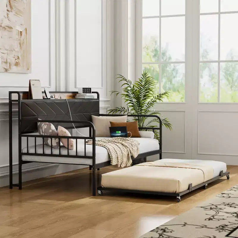 Lit de repos VECELO avec lit gigogne, cadre de lit avec tête de lit de rangement et station de charge, lit de repos-canapé avec support solide pour salon ou chambre à coucher